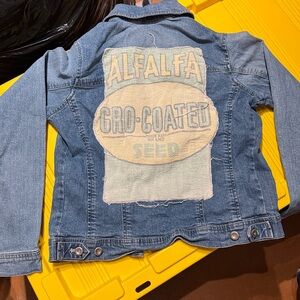 Sonoma jean jacket with vintage seed sack patch.